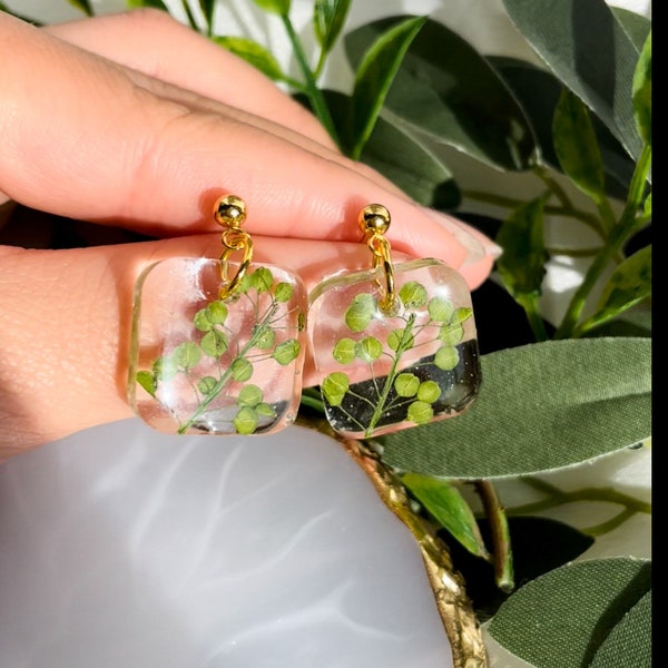 Handmade Green Forest Botanical Earring. | Lepidium Plant | Real Flower | Boho Earring | Resin Jewelry |