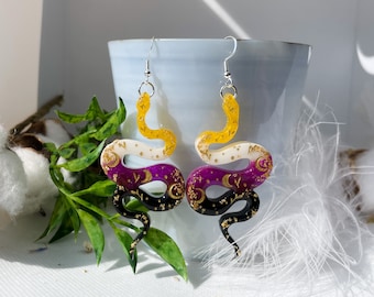 Handmade Moon Snake Earrings | Nonbinary Flag Color | Resin jewelry