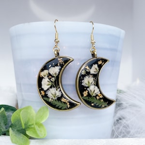 Handmade Moon Pressed Baby Breath Flowers Earrings Real Flower Resin Jewelry image 1