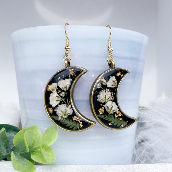 Handmade Moon Pressed Baby Breath Flowers Earrings | Real Flower | Resin Jewelry