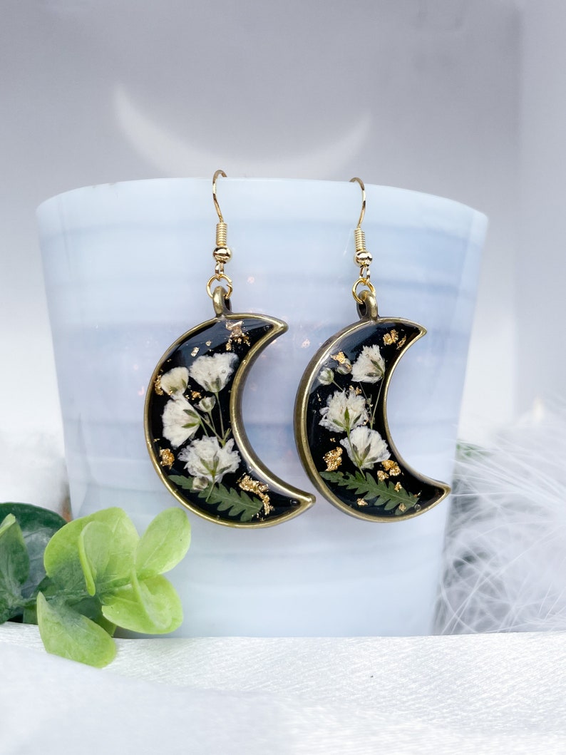 Handmade Moon Pressed Baby Breath Flowers Earrings Real Flower Resin Jewelry image 1