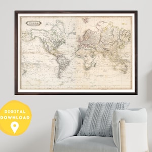 World Map. 1841, digital download, vintage map, retro map, antique world map, world map old style, instant download 1800s