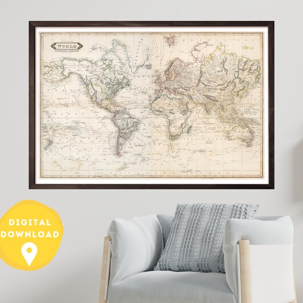 World Map. 1841, digital download, vintage map, retro map, antique world map, world map old style, instant download 1800s