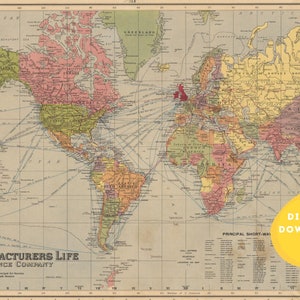 Mappa del mondo, Rotte aeree. Download digitale, mappa vintage, mappa retrò, mappa della scuola antica, mappa del mondo vecchio stile, arte murale, stampabile, vecchia mappa