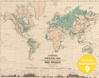 1870年の世界地図：ヴィンテージ地形図（デジタルダウンロード