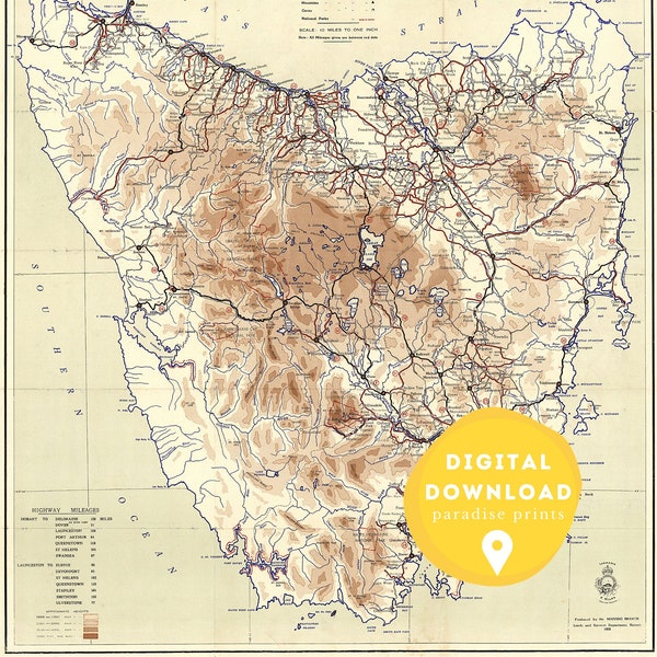 Map of Tasmania. Antique map, old map, retro map, vintage map, orographical map, terrain map, mountains, tasmania, australia