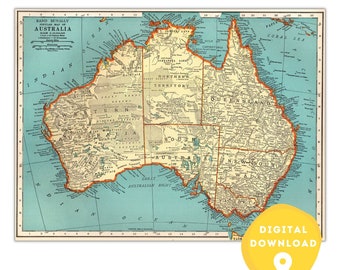 Map of Australia, Printable Australia Map, Australia map poster, Australia map, Australia wall art poster, Australia vintage map, school map