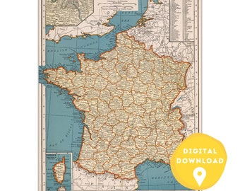 Map of France, Printable France Map, France map poster, France map, France wall art poster, France vintage map