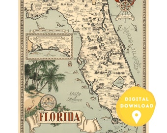 Carte de la Floride, impression de la carte de la Floride, affiche de la Floride, carte de l’État de floride, art mural de la Floride, ancienne carte de la Floride, carte des États-Unis, Floride