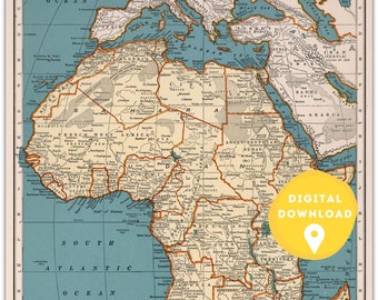 Vintage Africa Map Print: Countries, Cities, Borders (Digital Download)