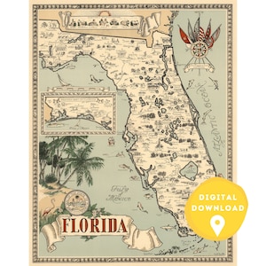 Map of Florida, florida map print, florida poster, florida state map, florida wall art, old map of florida, map of united states, florida