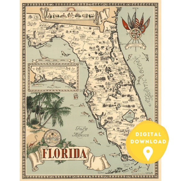 Map of Florida, florida map print, florida poster, florida state map, florida wall art, old map of florida, map of united states, florida
