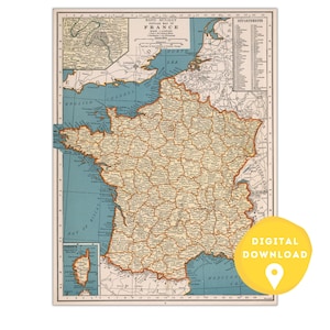 Map of France, Printable France Map, France map poster, France map, France wall art poster, France vintage map
