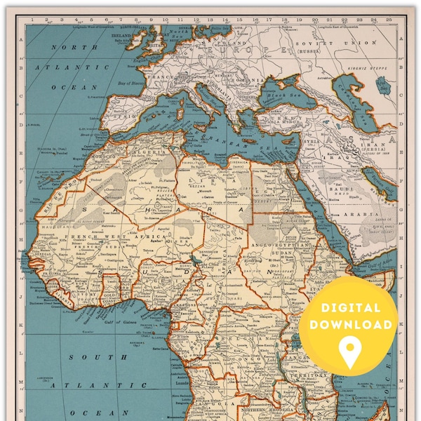 Map of Africa, Printable Africa Map, Africa map poster, Africa map, Africa wall art poster, Africa vintage map, Africa school map, Africa