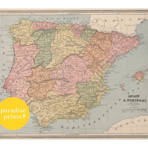 Map of Spain, spain map print, spain poster, spain wall art, old map of spain, map of portugal, vintage map, map poster, printable map, map