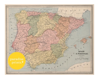 Carte de l’Espagne, impression de la carte de l’Espagne, affiche de l’Espagne, art mural de l’Espagne, ancienne carte de l’Espagne, carte du Portugal, carte vintage, affiche de carte, carte imprimable, carte