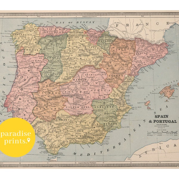Map of Spain, spain map print, spain poster, spain wall art, old map of spain, map of portugal, vintage map, map poster, printable map, map