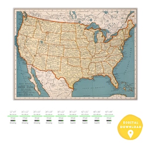 May include: A vintage map of the United States with state borders outlined in orange and state names printed in black. The map is on a blue background with a light blue border. The map is titled "Rand McNally Official Map of the United States".