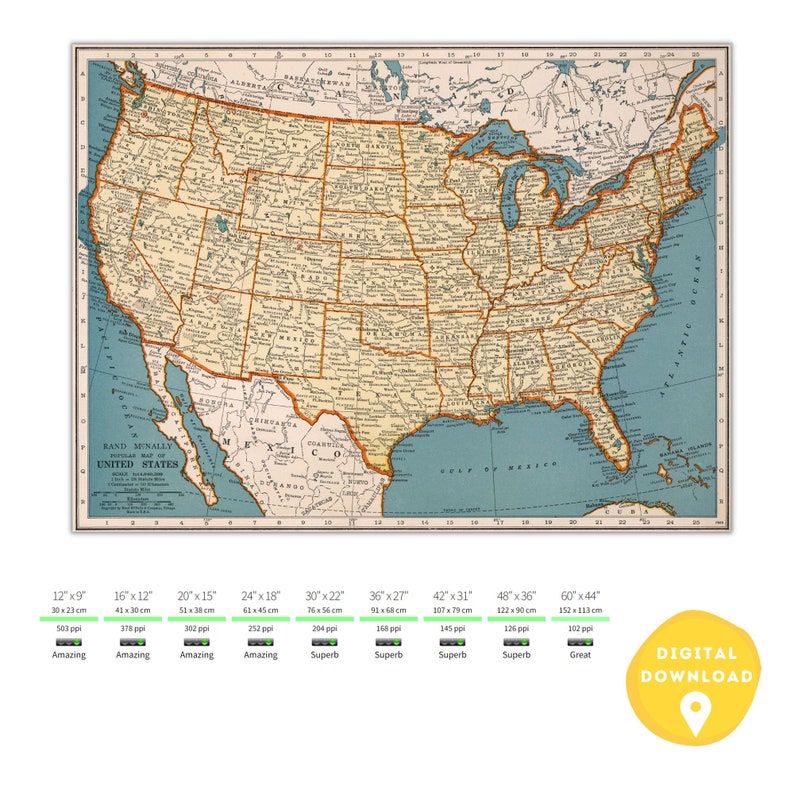 May include: A vintage map of the United States with state borders outlined in orange and state names printed in black. The map is on a blue background with a light blue border. The map is titled "Rand McNally Official Map of the United States".