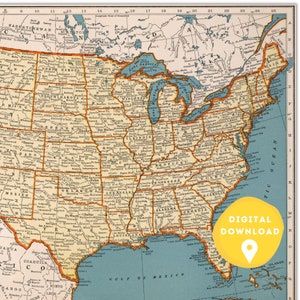May include: A vintage map of the United States with state borders outlined in orange and major cities labeled. The map is on a blue background with a yellow circle with the text "DIGITAL DOWNLOAD" and a location pin icon.