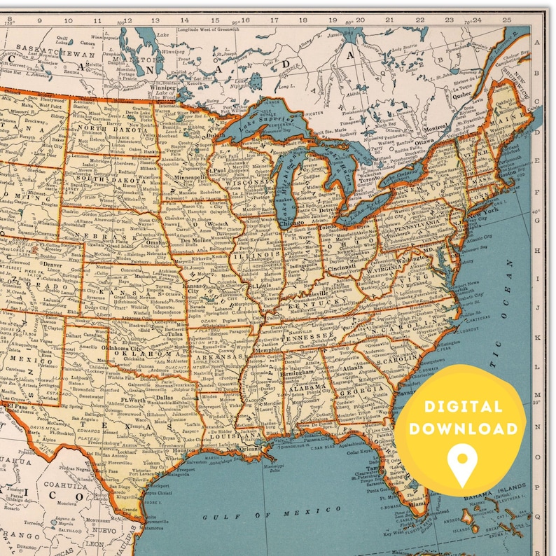 May include: A vintage map of the United States with state borders outlined in orange and major cities labeled. The map is on a blue background with a yellow circle with the text "DIGITAL DOWNLOAD" and a location pin icon.
