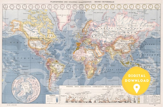 アンティーク世界地図プリント：1900年代のレトロスタイル（デジタル