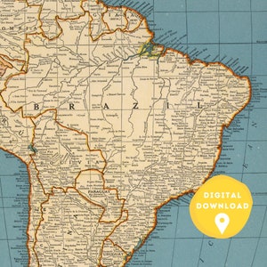May include: A vintage map of South America with a focus on Brazil. The map is printed on paper with a blue background and brown lines. The map includes the names of cities and countries. The map is labeled "Digital Download" in the bottom right corner.