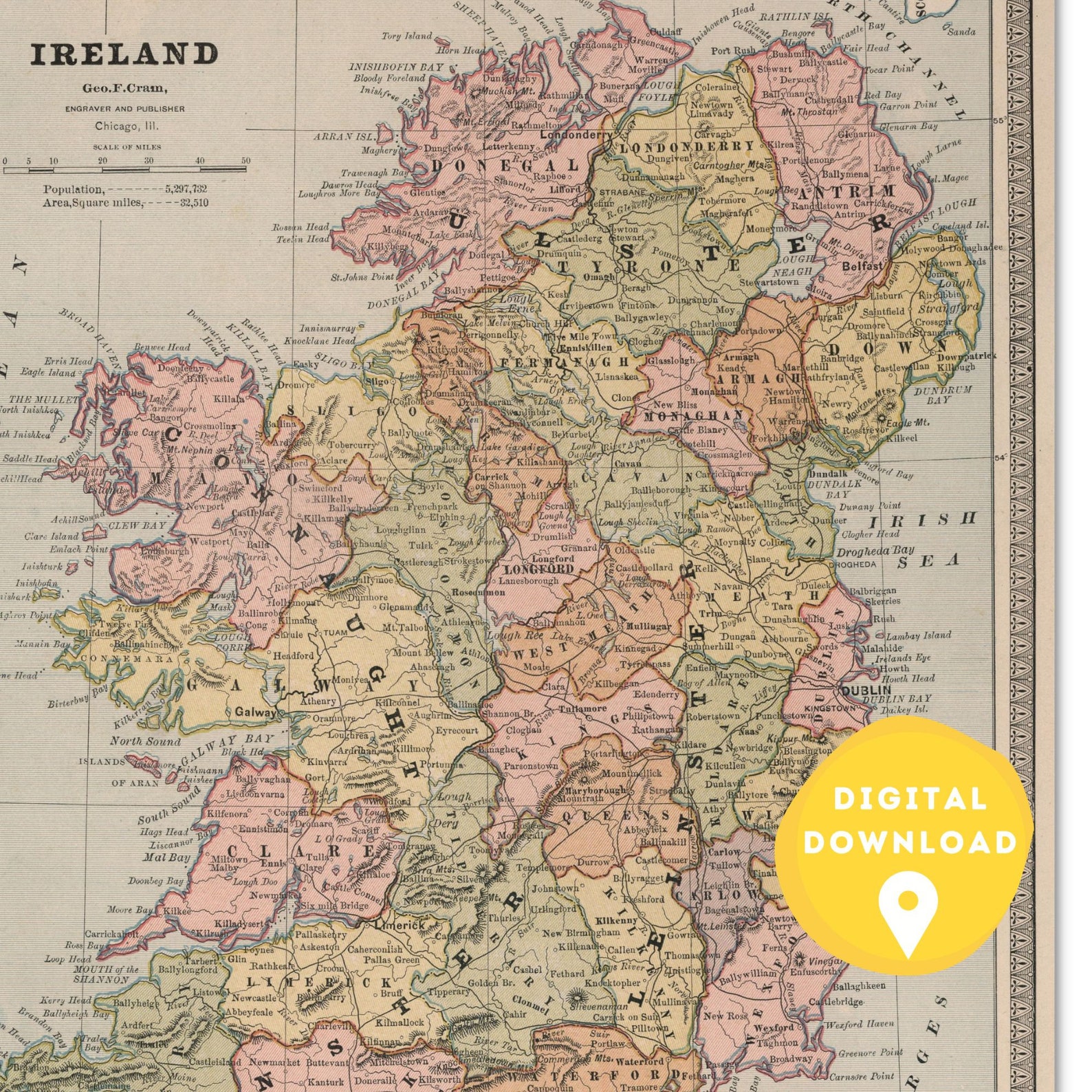 Map of Ireland, Printable Ireland Map, Ireland Map Poster, Ireland Map