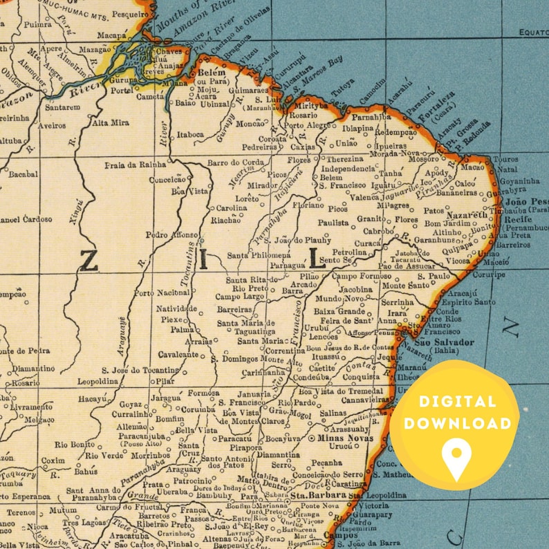 May include: A vintage map of Brazil with a yellow circle highlighting the text "DIGITAL DOWNLOAD". The map shows the country's major cities and rivers. The map is printed on a blue background with orange and brown lines.