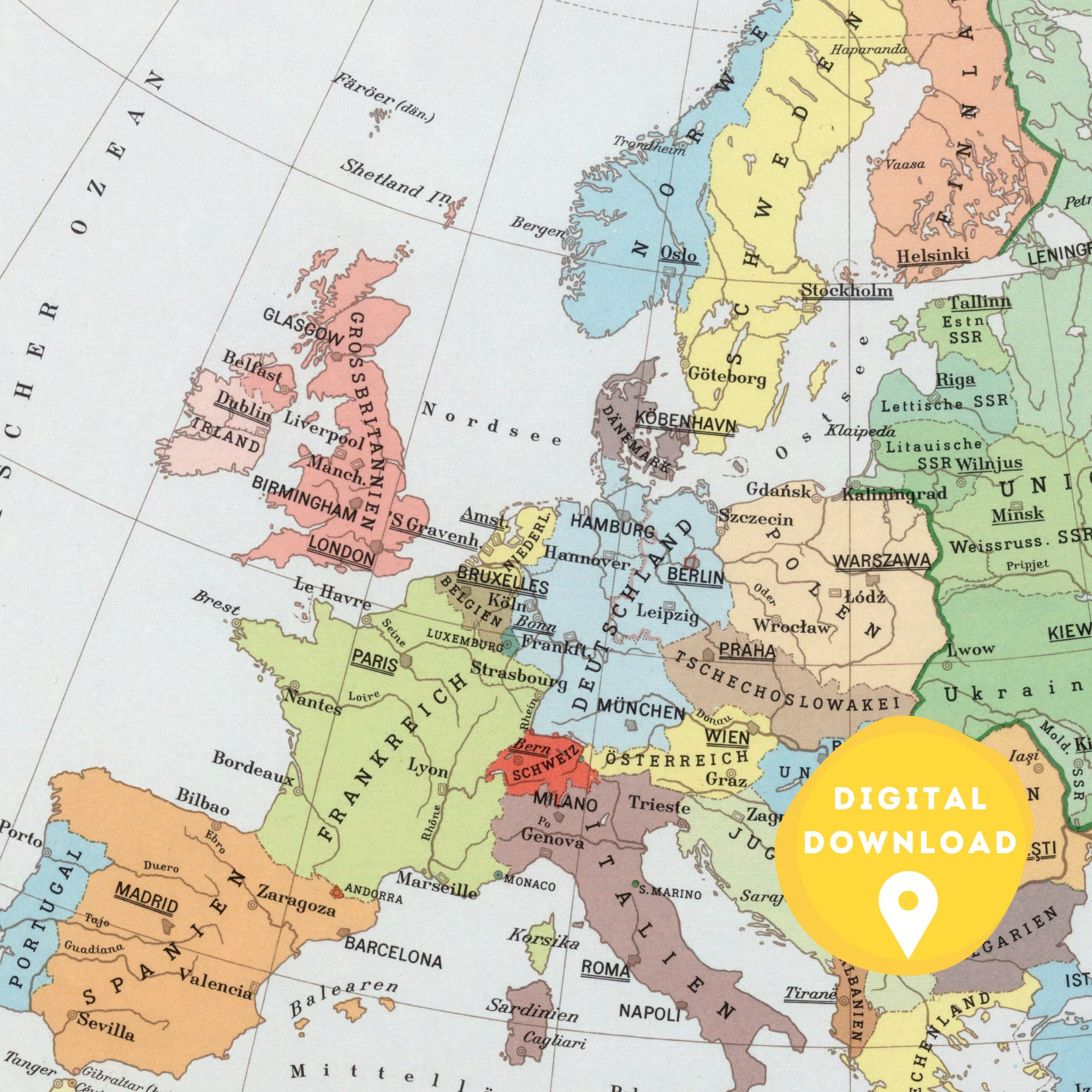1950年代のヨーロッパのデジタル政治地図、印刷可能なヨーロッパ