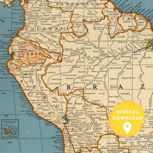 May include: A vintage map of South America with a yellow digital download icon in the bottom right corner. The map shows the countries of Ecuador, Peru, Bolivia, Brazil, Guyana, Suriname, French Guiana, Venezuela, Colombia, and Paraguay. The map is in a light blue color with brown borders and text.
