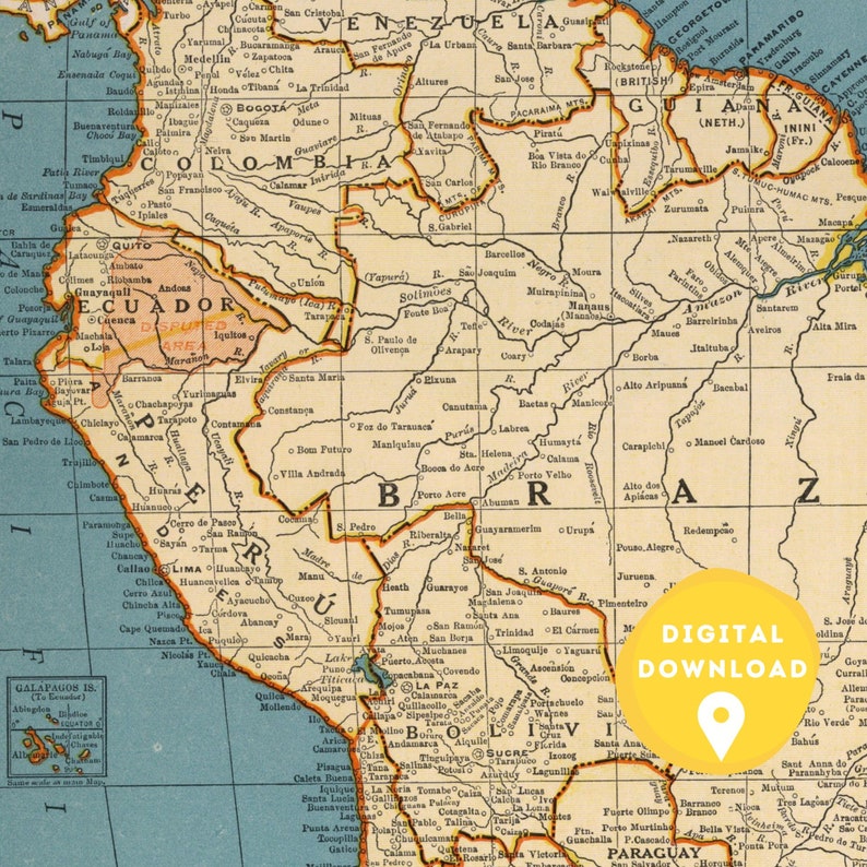 May include: A vintage map of South America with a yellow digital download icon in the bottom right corner. The map shows the countries of Ecuador, Peru, Bolivia, Brazil, Guyana, Suriname, French Guiana, Venezuela, Colombia, and Paraguay. The map is in a light blue color with brown borders and text.