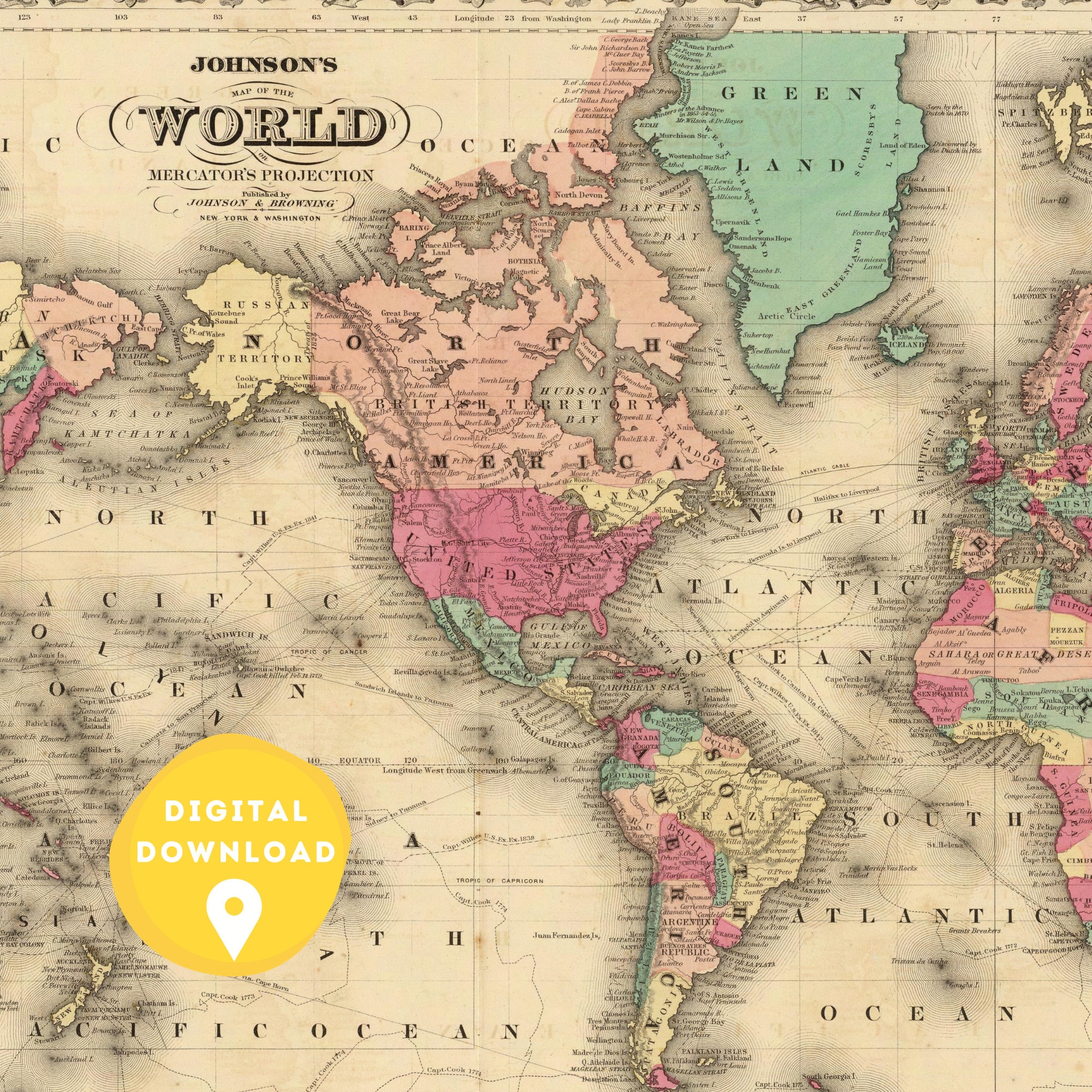 World Map Poster, World Atlas, Printable Map, World Map Countries, World Map Wall Art, Antique ...