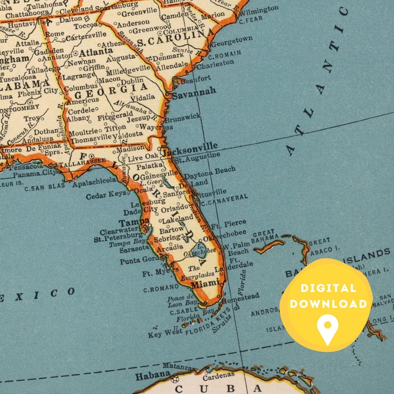 May include: A vintage map of the southeastern United States, showing the states of Florida, Georgia, Alabama, South Carolina, and North Carolina. The map is printed on blue paper with orange and yellow accents. The map includes major cities and towns, rivers, and bodies of water. The map also includes a yellow circle with the text "DIGITAL DOWNLOAD" in black.