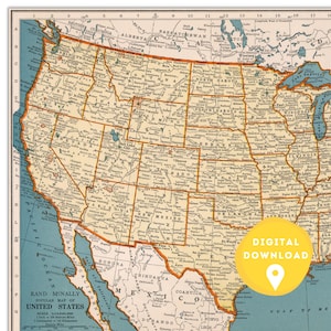 May include: A vintage map of the United States with state borders outlined in orange and city names printed in black. The map is on a cream-colored background with blue water features. The text "RAND MCNALLY POPULAR MAP OF UNITED STATES" is printed at the bottom of the map.