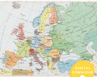 Digitale politische Karte von Europa 1950er Jahre, druckbare Europakarte, Europa-Karte Plakat, Länder Europas, Europa-Wand-Kunstplakat, Europa-Karte, 1950er Jahre