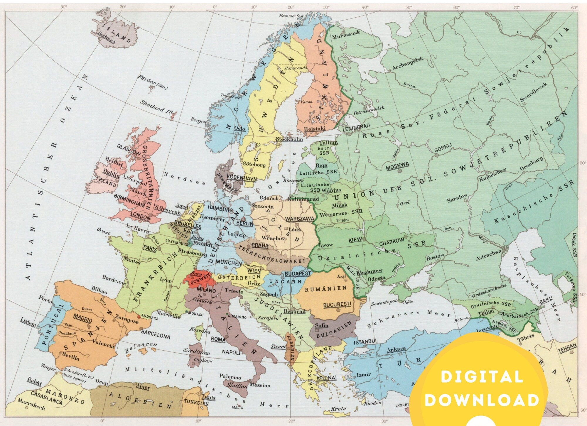 1950年代のヨーロッパのデジタル政治地図、印刷可能なヨーロッパ