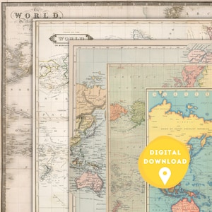 World Map (Set of 5!) digital download, vintage map, retro map, antique world map, world map old style, instant download, 20th century
