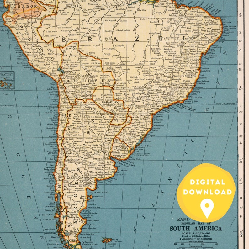 May include: A vintage map of South America with a yellow circle that says "Digital Download" and a red pin in the center. The map is on a blue background with brown lines and text.