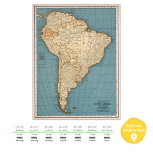 May include: Vintage map of South America with a blue background and brown lines showing country borders. The map is titled "Rand McNally Standard Map of South America".