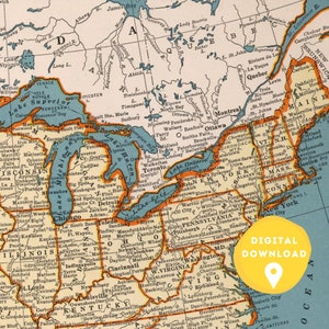 May include: A vintage map of the United States and Canada with a yellow circle with the text "DIGITAL DOWNLOAD" and a yellow pin in the center. The map shows state and province borders, major cities, and bodies of water.