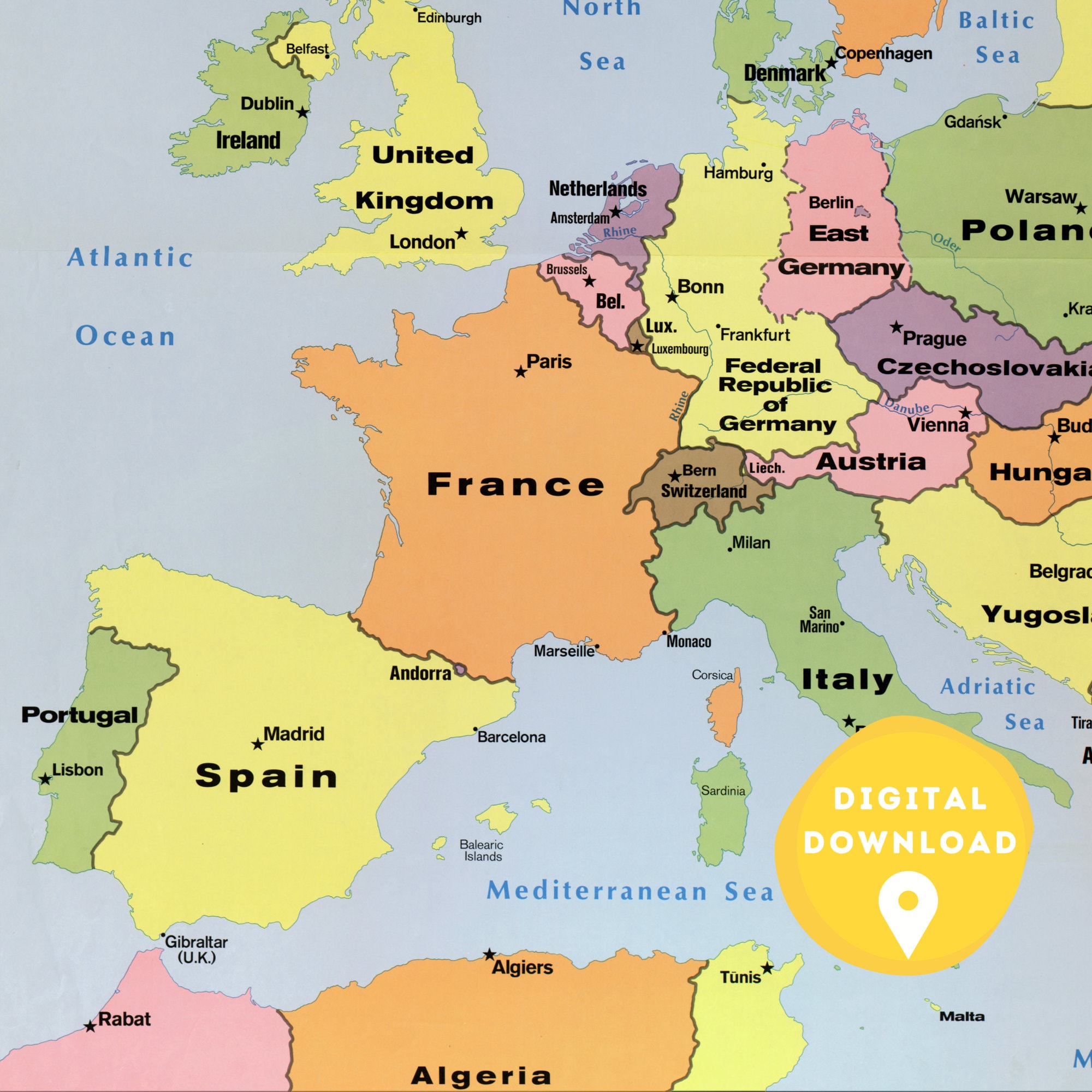 Digital Political Map of Europe 1970s, Printable European Map, Europe Map Poster, Countries of 