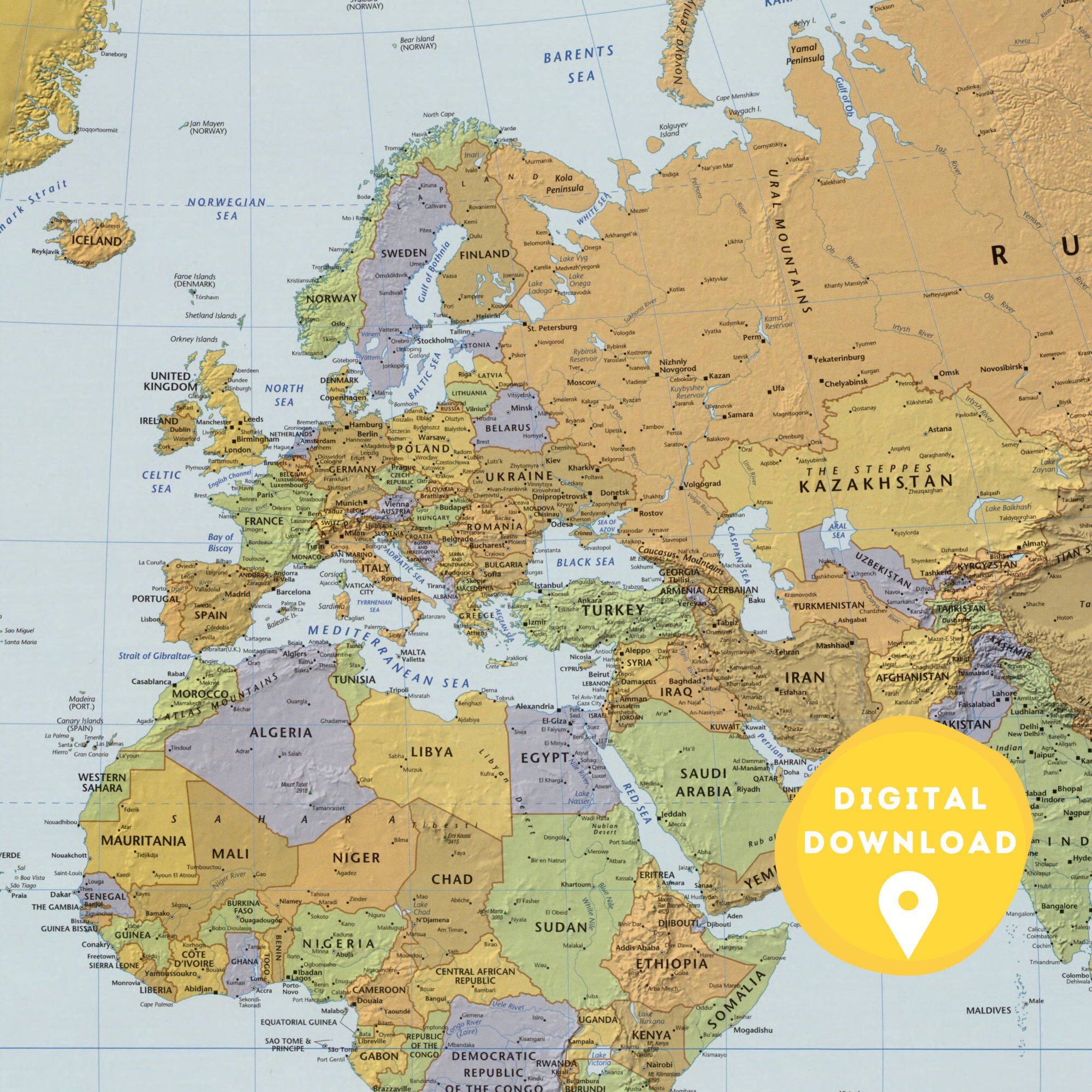 Digital World Political Map, Printable Political Map, World Map Poster, Countries of the World ...