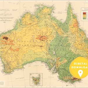 Mapa de Australia. 1942. Mapa del terreno, mapa orográfico, mapa vintage, mapa retro, mapa antiguo, australia