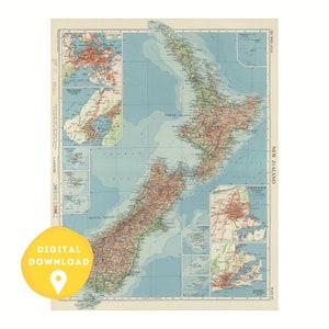 New Zealand Map, New Zealand poster, New Zealand print, New Zealand map print, New Zealand wall art, vintage