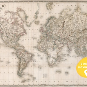 Vintage world map, rare map, world map, wall art printable, retro map, antique world map, , school map download, 1837