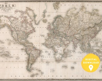 Antique World Map Print 1837 Retro Wall Art (Digital Download)
