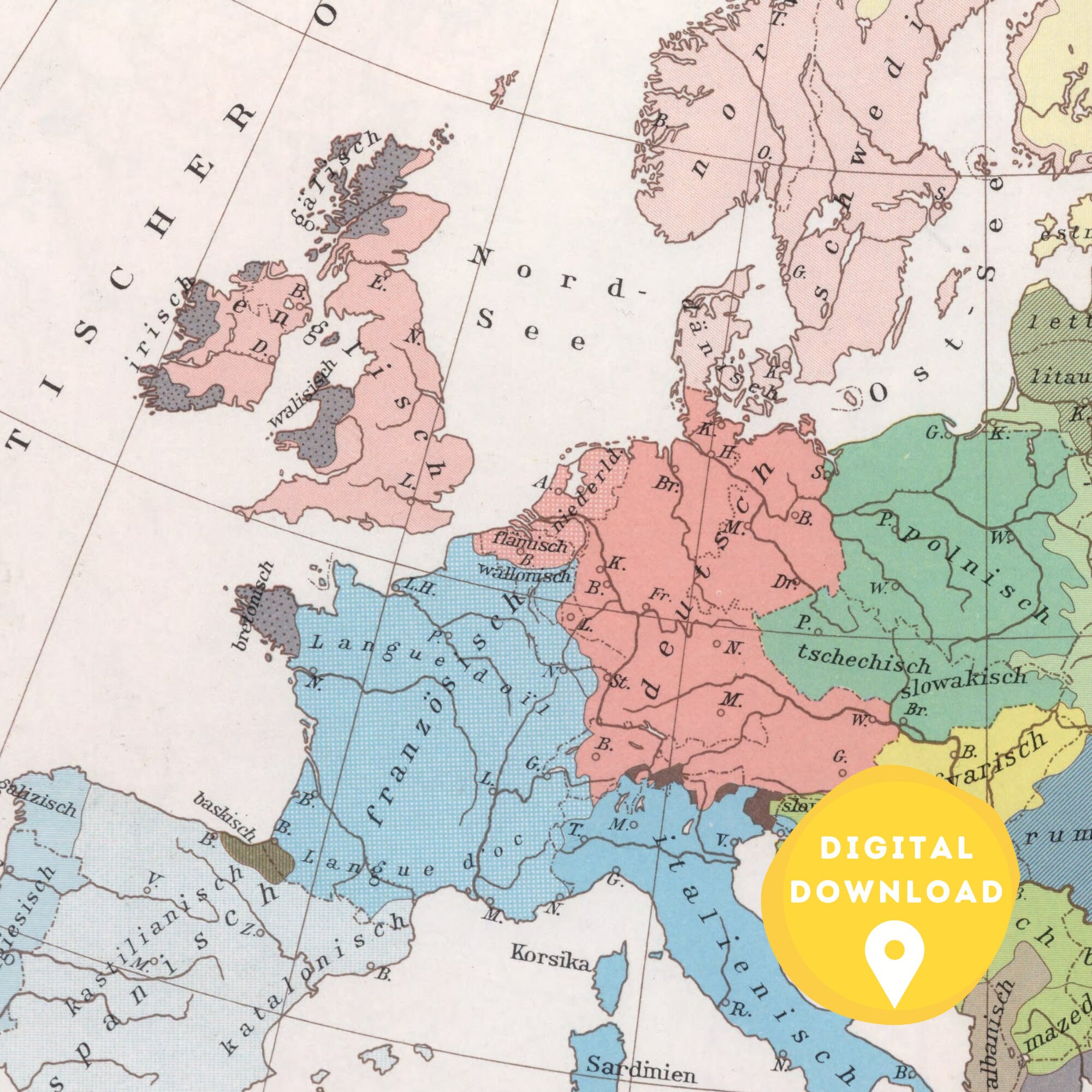 Digital Political Map of Europe 1950s, Printable European Map, Europe Map Poster, Countries of
