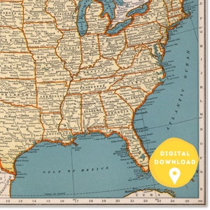 May include: A vintage map of the United States with state borders outlined in orange and cities labeled in black. The map is on a blue background with a yellow circle in the bottom right corner that says "DIGITAL DOWNLOAD".