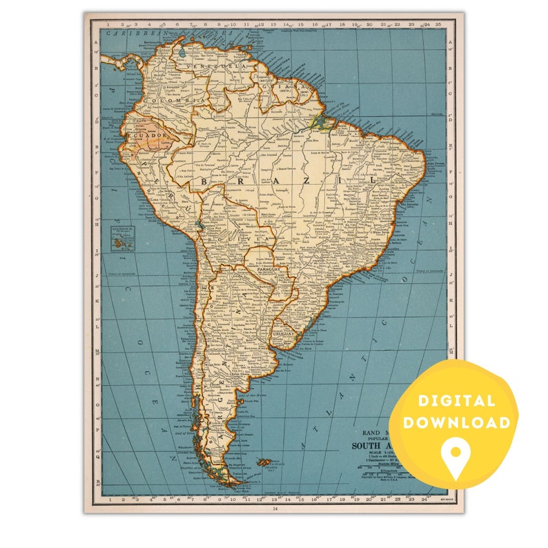 May include: Vintage map of South America with country borders and names. The map is printed on a blue background with a grid overlay. The map is titled "Rand McNally Popular Atlas of the World, South America".